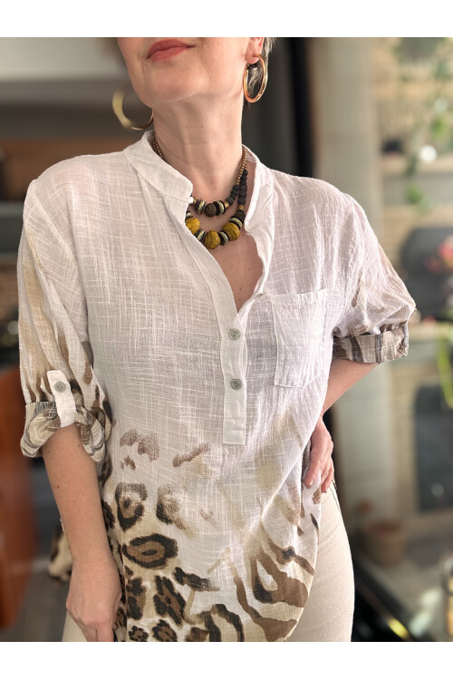 Rassi Leopar Desen İtalyan Gömlek Beyaz