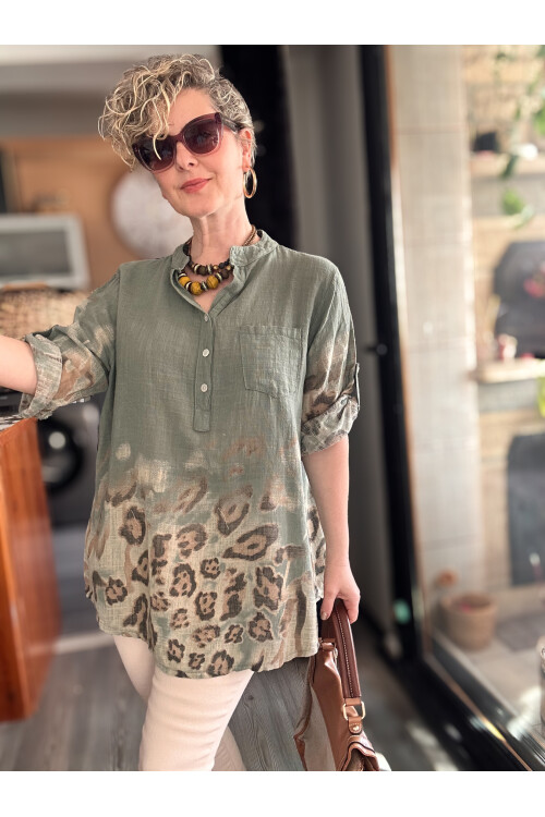 Rassi Leopar Desen İtalyan Gömlek Haki