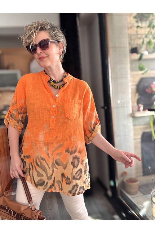 Rassi Leopar Desen İtalyan Gömlek Orange