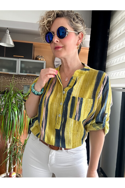 Razza Batik Çizgi Desen İtalyan Gömlek Hardal