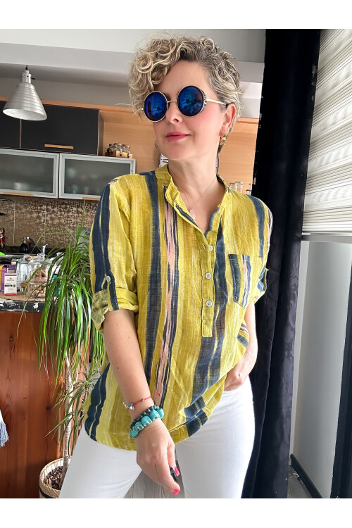 Razza Batik Çizgi Desen İtalyan Gömlek Hardal