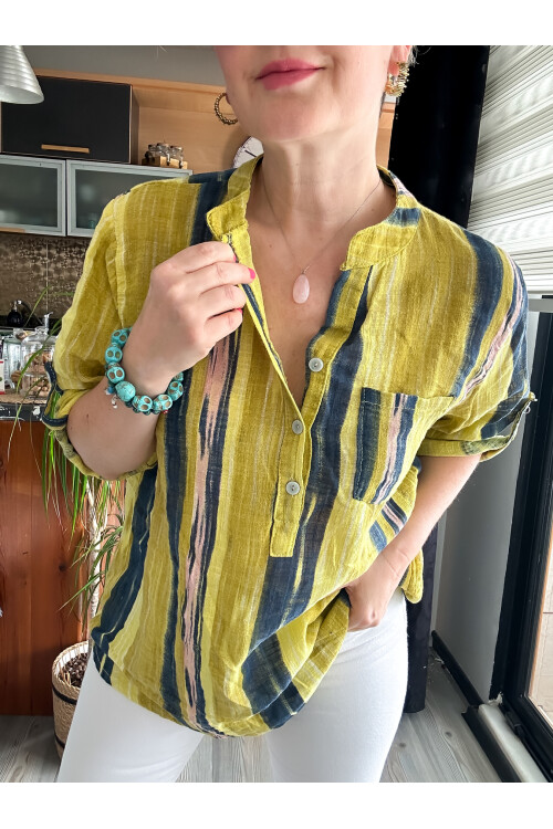 Razza Batik Çizgi Desen İtalyan Gömlek Hardal