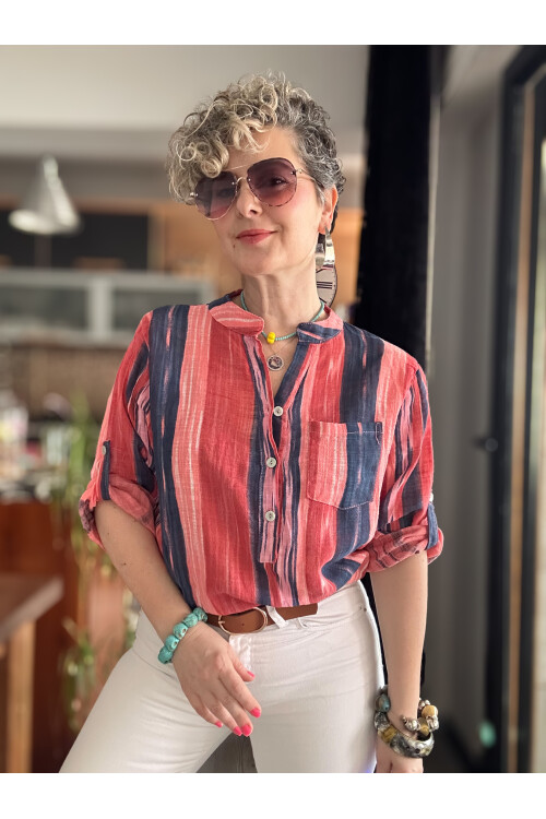 Razza Batik Çizgi Desen İtalyan Gömlek Mercan