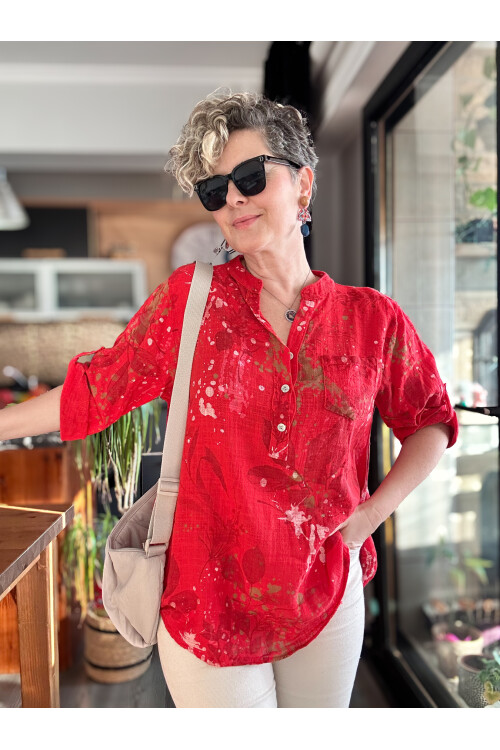 Regni Splash Desen İtalyan Gömlek Kırmızı
