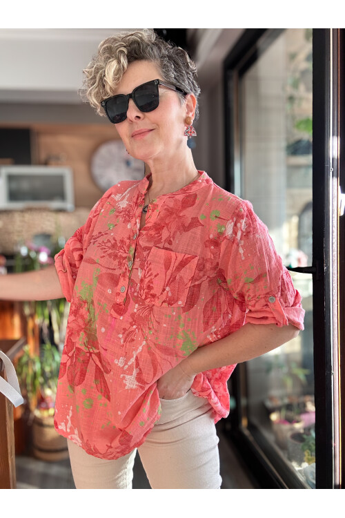 Regni Splash Desen İtalyan Gömlek Mercan