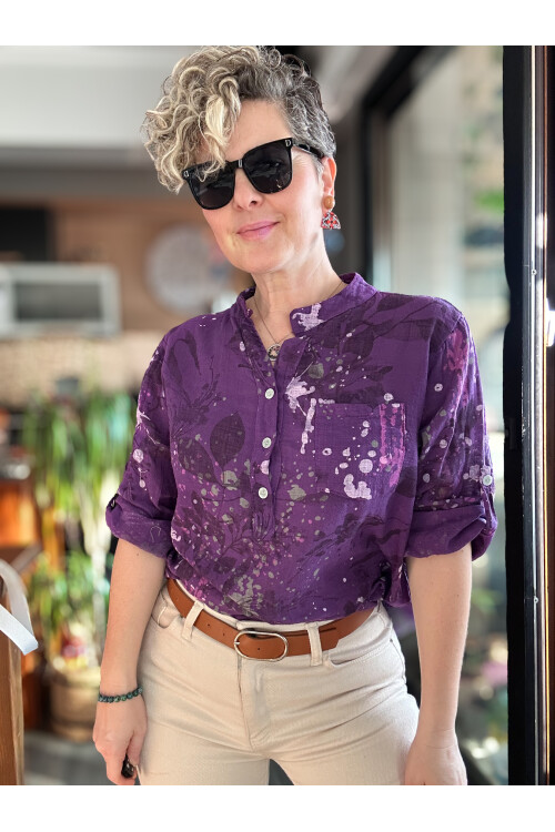 Regni Splash Desen İtalyan Gömlek Mor