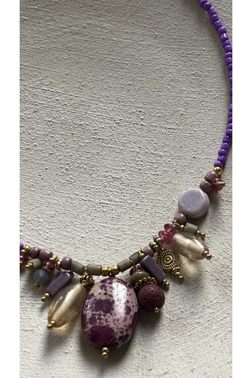 Reteg Pirinç Cam Doğal Taş Etnik Kolye