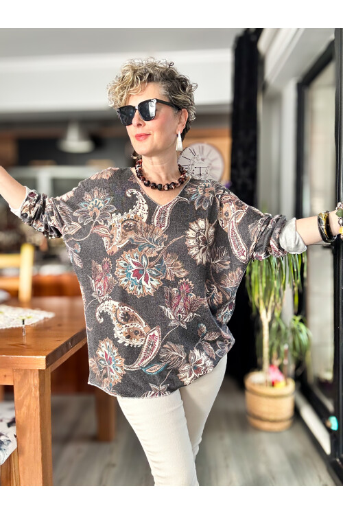 Ricci İtalyan Çiçek Desen Angora Triko Gri