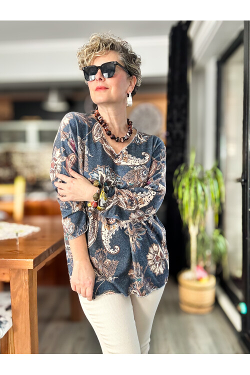 Ricci İtalyan Çiçek Desen Angora Triko Lacivert