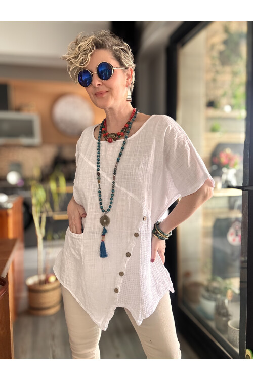 Rosas Tasarım Çapraz Düğme Detay Bluz Beyaz