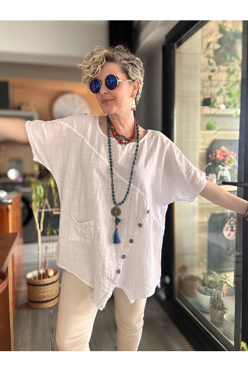 Rosas Tasarım Çapraz Düğme Detay Bluz Beyaz