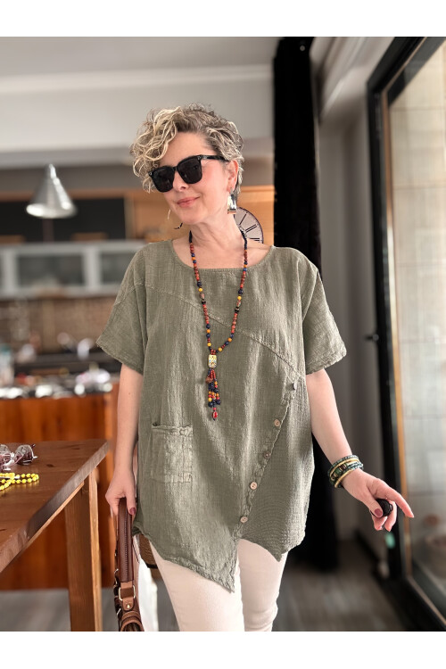 Rosas Tasarım Çapraz Düğme Detay Bluz Haki