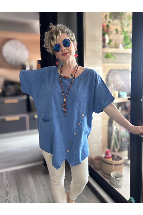 Rosas Tasarım Çapraz Düğme Detay Bluz Mavi