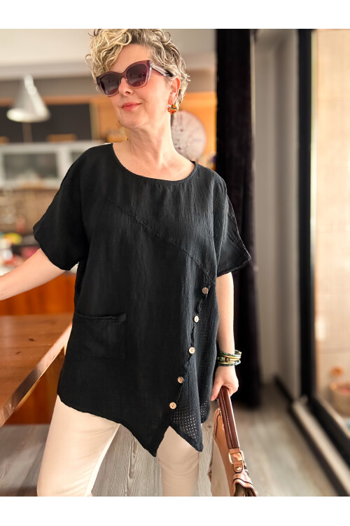 Rosas Tasarım Çapraz Düğme Detay Bluz Siyah