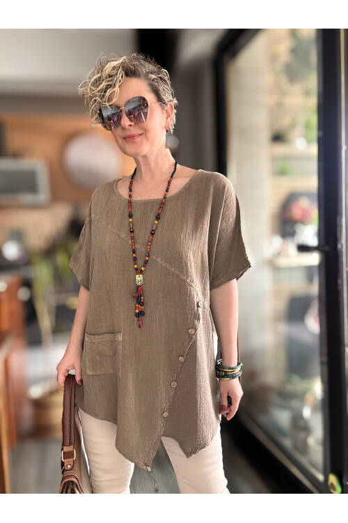 Rosas Tasarım Çapraz Düğme Detay Bluz Vizon