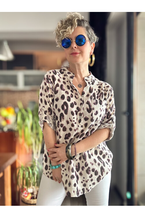 Rosella Yeni Leopar Desen İtalyan Gömlek Bej