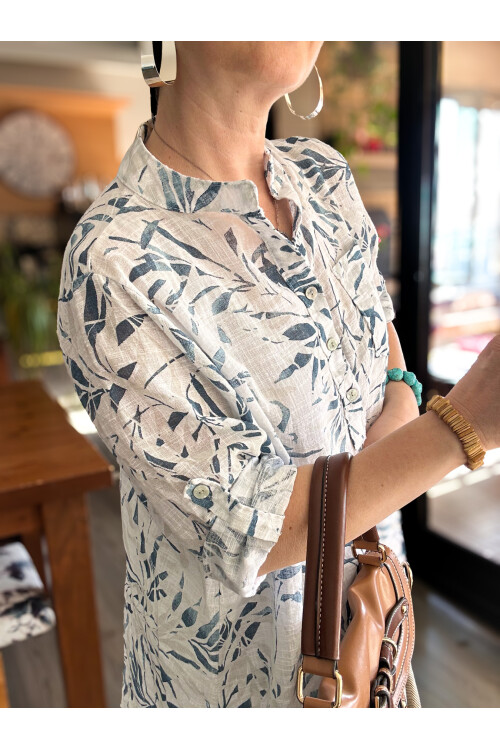 Sassa Küçük Yaprak Desen İtalyan Gömlek Beyaz