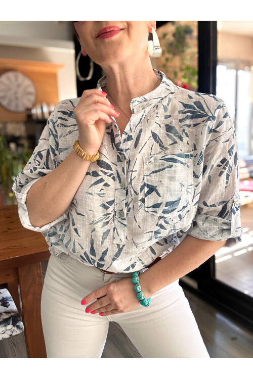 Sassa Küçük Yaprak Desen İtalyan Gömlek Beyaz