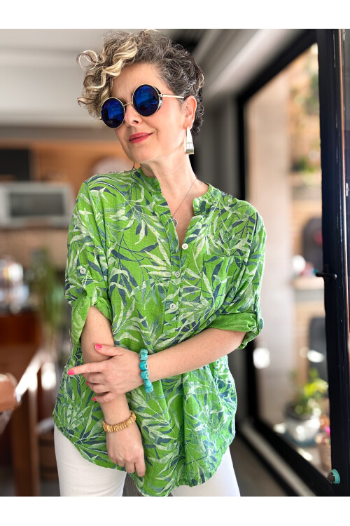 Sassa Küçük Yaprak Desen İtalyan Gömlek Yeşil