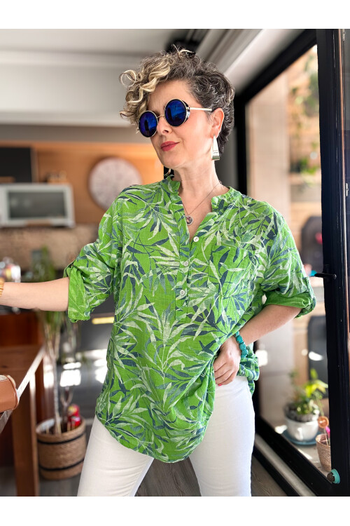 Sassa Küçük Yaprak Desen İtalyan Gömlek Yeşil