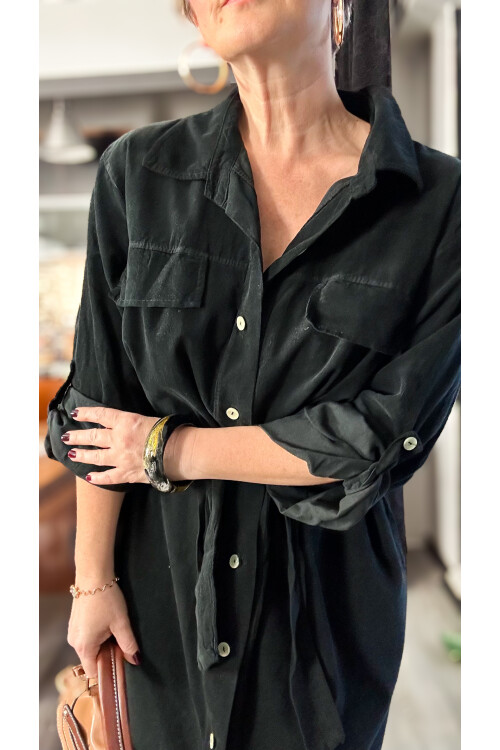 Savi İtalyan Gömlek Yaka İnce Fitil Kadife Elbise Siyah