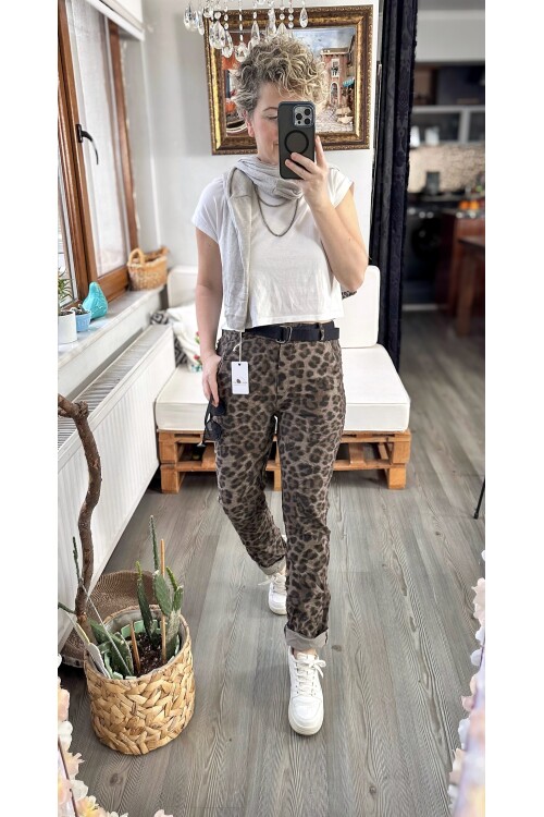 Scala İtalyan Leopar Desen Kemer Detaylı Sihirli Pantolon