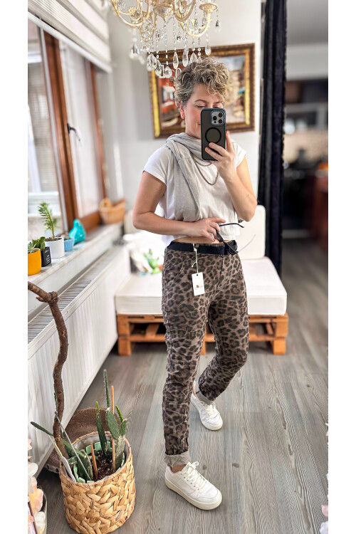 Scala İtalyan Leopar Desen Kemer Detaylı Sihirli Pantolon