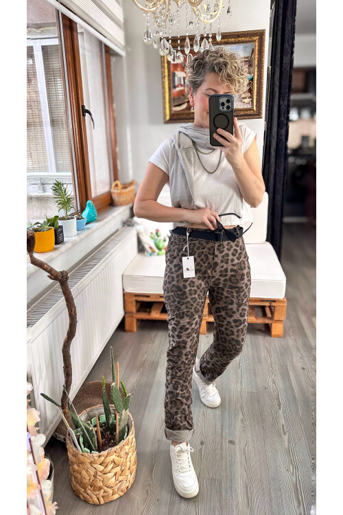 Scala İtalyan Leopar Desen Kemer Detaylı Sihirli Pantolon