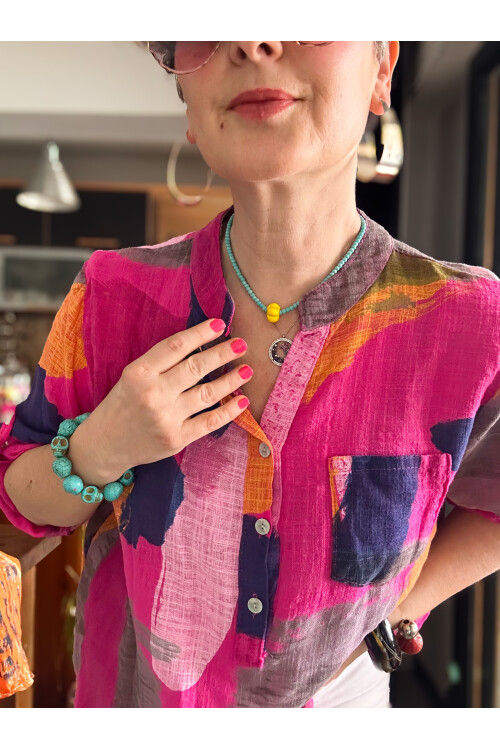 Senso Patchwork Desen İtalyan Gömlek Fuşya