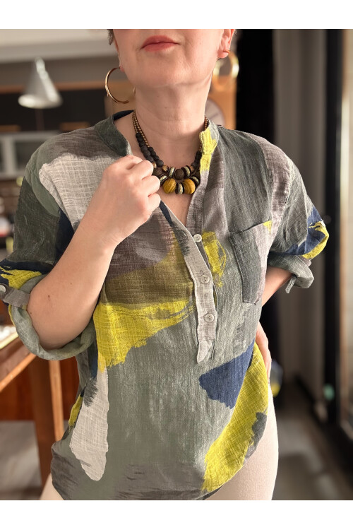 Senso Patchwork Desen İtalyan Gömlek Haki