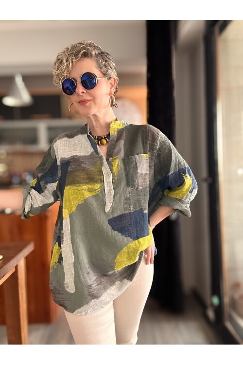 Senso Patchwork Desen İtalyan Gömlek Haki