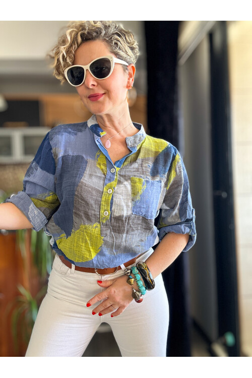 Senso Patchwork Desen İtalyan Gömlek İndigo