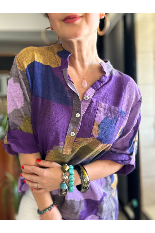 Senso Patchwork Desen İtalyan Gömlek Mor