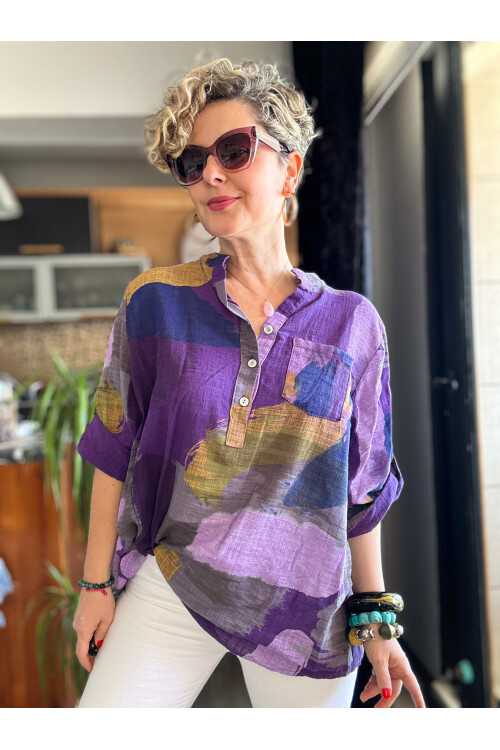 Senso Patchwork Desen İtalyan Gömlek Mor