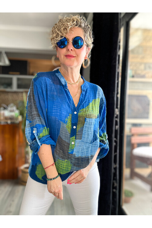 Senso Patchwork Desen İtalyan Gömlek Saks