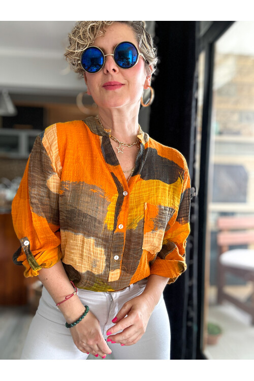 Senso Patchwork Desen İtalyan Gömlek Turuncu