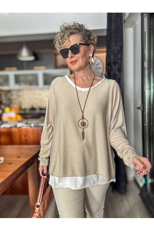 Sista Kolye Detay İtalyan Triko Bluz Beige