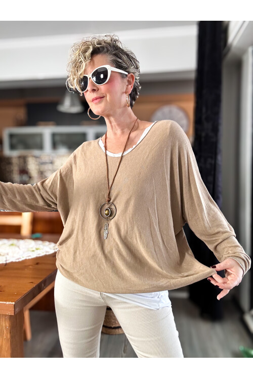 Sista Kolye Detay İtalyan Triko Bluz Camel