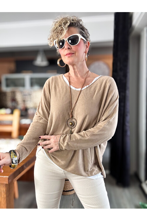 Sista Kolye Detay İtalyan Triko Bluz Camel