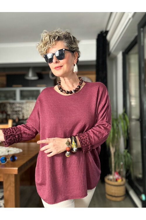 Sosa İtalyan Leopar Desen Yuvarlak Yaka Triko Bordo