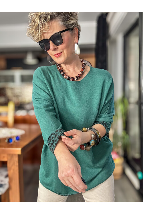 Sosa İtalyan Leopar Desen Yuvarlak Yaka Triko Zümrüt