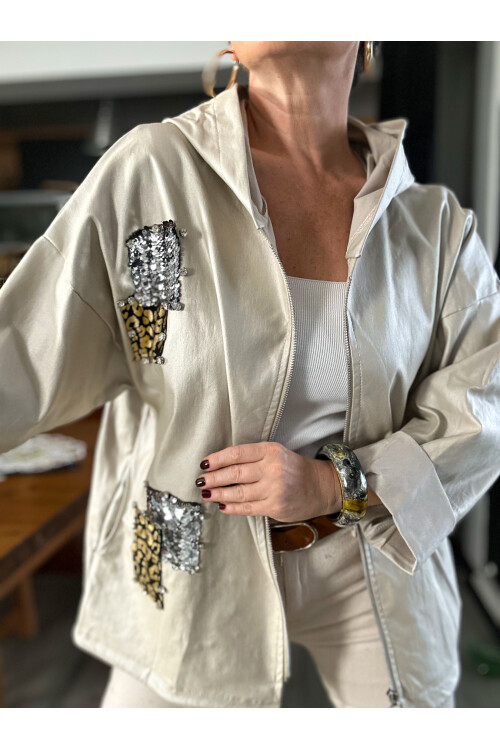 Tazza İtalyan Deri Görünümlü Pul Taş Detay Ceket Beige
