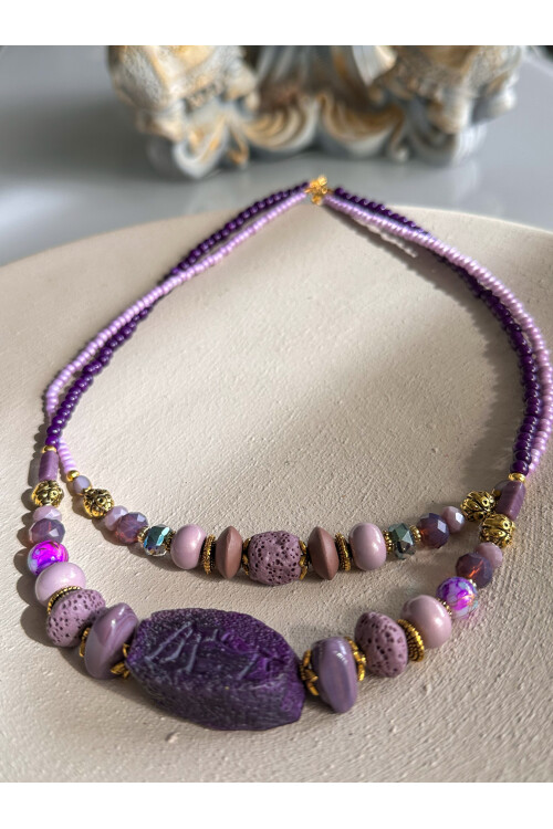 Thali Etnik Pirinç Cam Doğal Taş Kolye