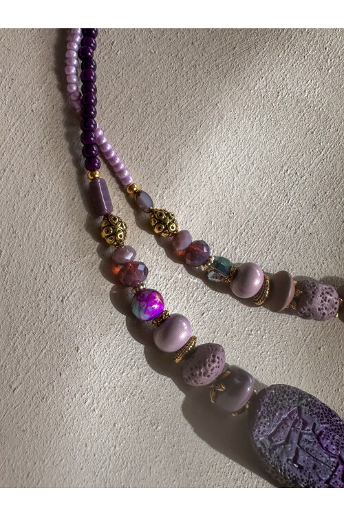 Thali Etnik Pirinç Cam Doğal Taş Kolye