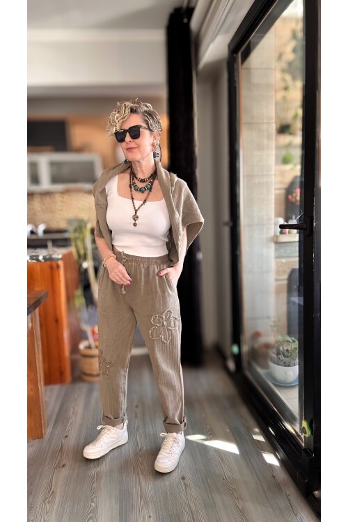 Tuppe Tasarım Papatya Pul Pantolon Vizon