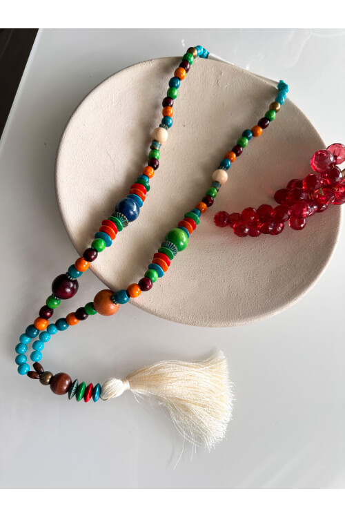 Turkuaz Ziko Tahta Tasarım Renkli Kolye