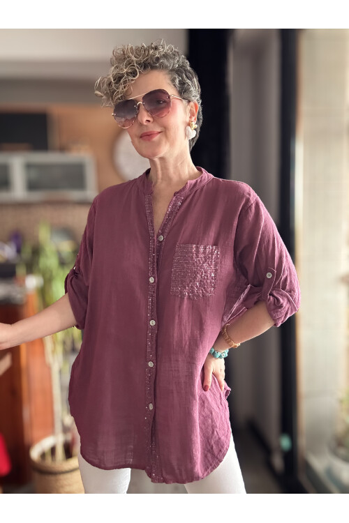 Venti Cep ve Şerit Pul Detay İtalyan Gömlek Leylak