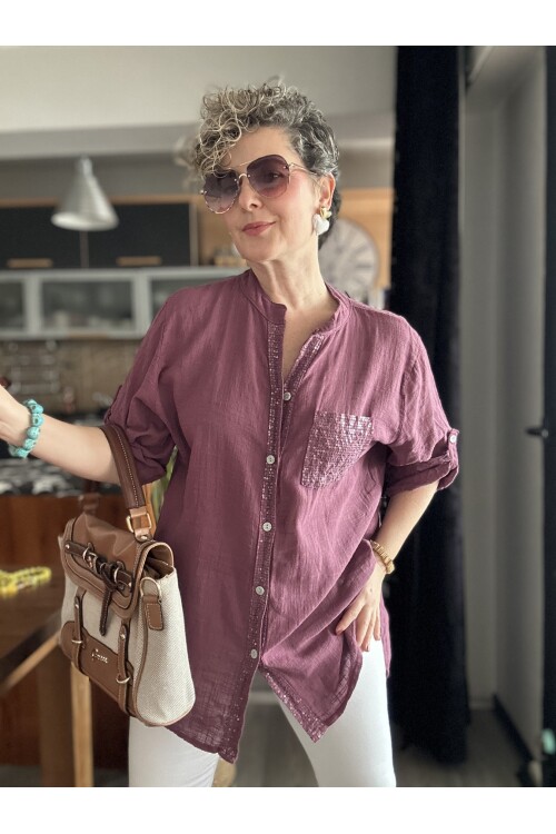 Venti Cep ve Şerit Pul Detay İtalyan Gömlek Leylak