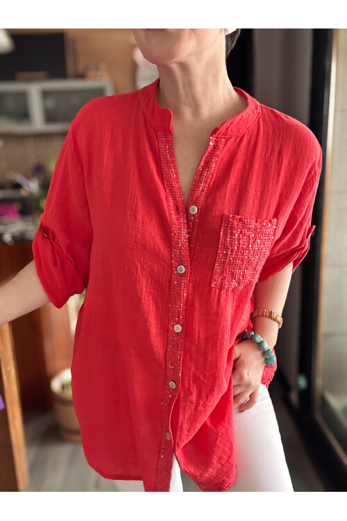 Venti Cep ve Şerit Pul Detay İtalyan Gömlek Nar Çiçeği