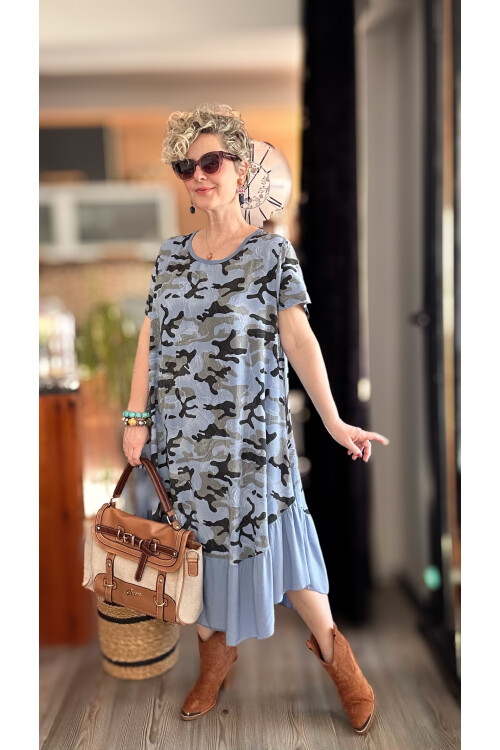 Vicci İtalyan Kamuflaj Desen Elbise Jeans Mavi
